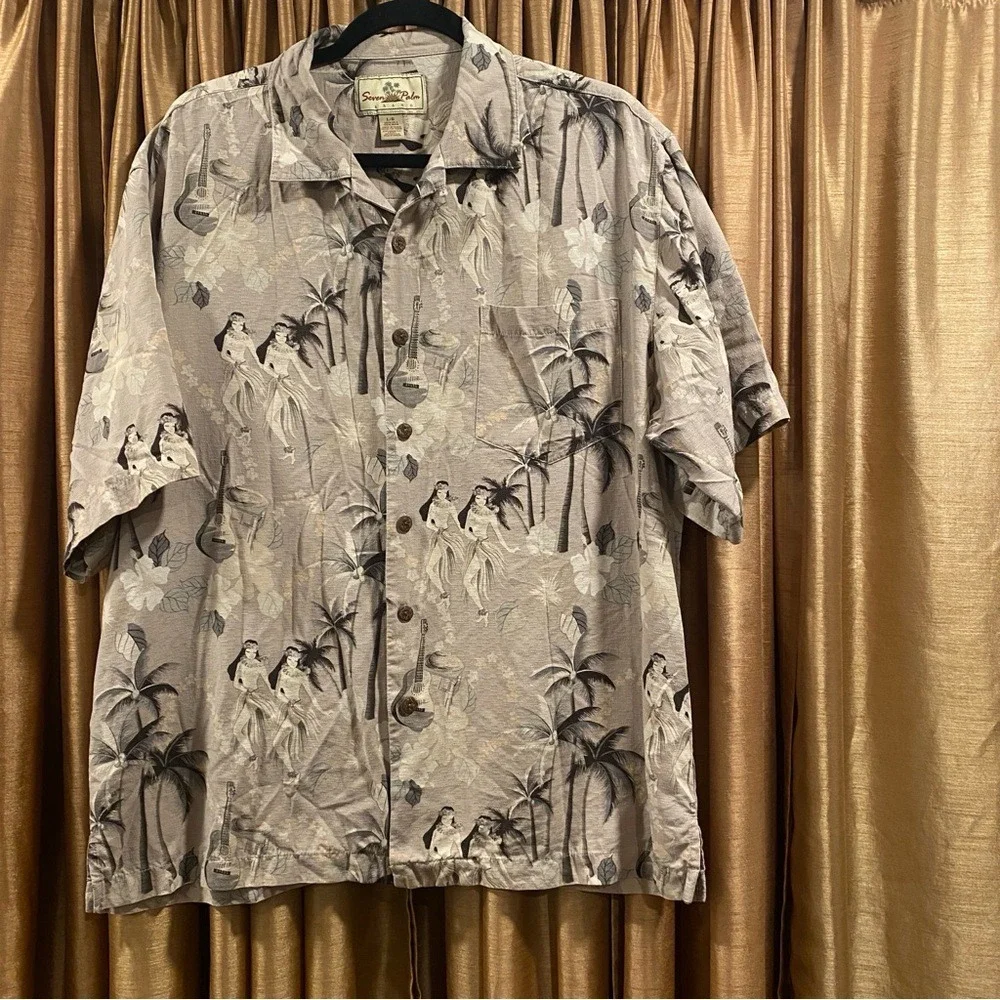 Seven Palm Hawaiian Shirt‎ Men's Lg Tan 100% Silk Hula Dancer Guitar Palm Trees